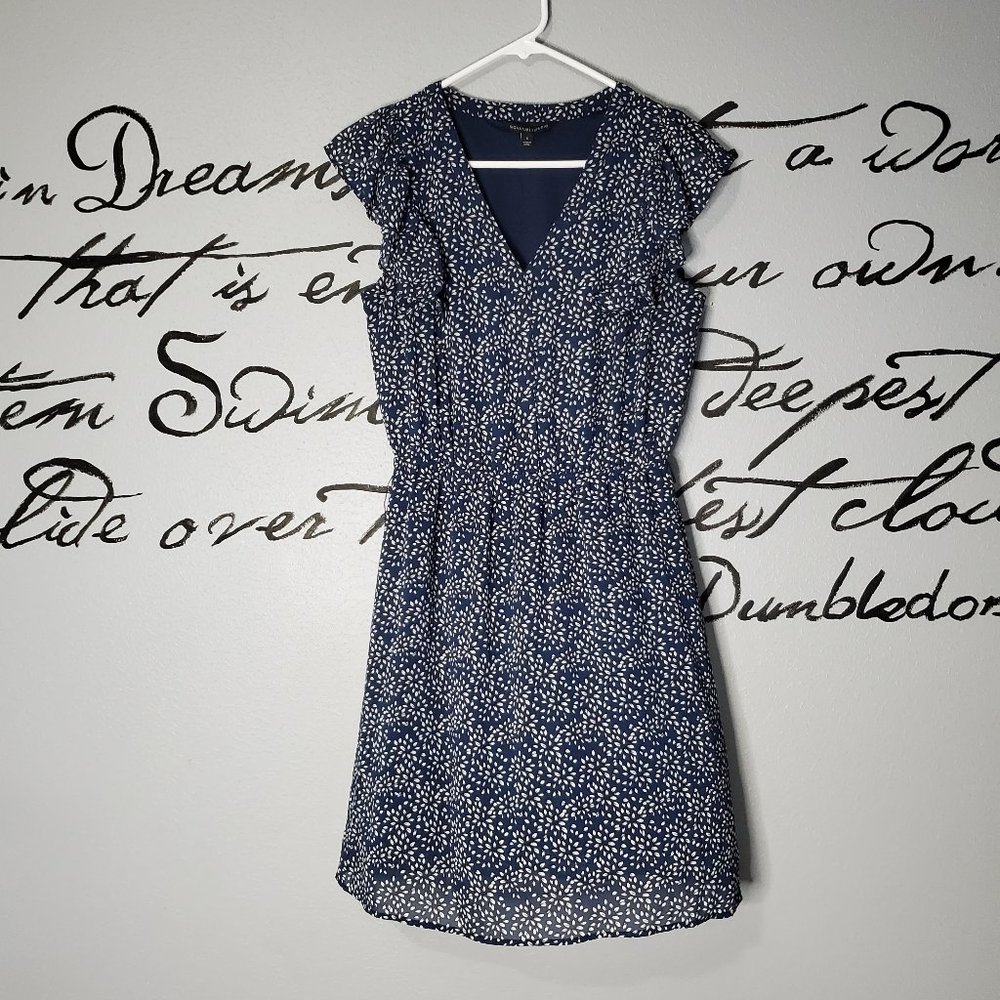 Signature Studio Navy & White Little Leaf Pattern Dress with Flounce Sleeves